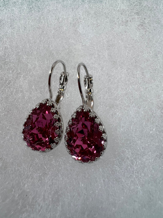 Lever Back Earrings - 14x10mm Pear Shaped Rose Crystal