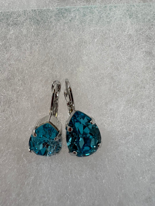 Lever Back Earrings - 14x10mm Pear Shaped Light Turquoise Crystals